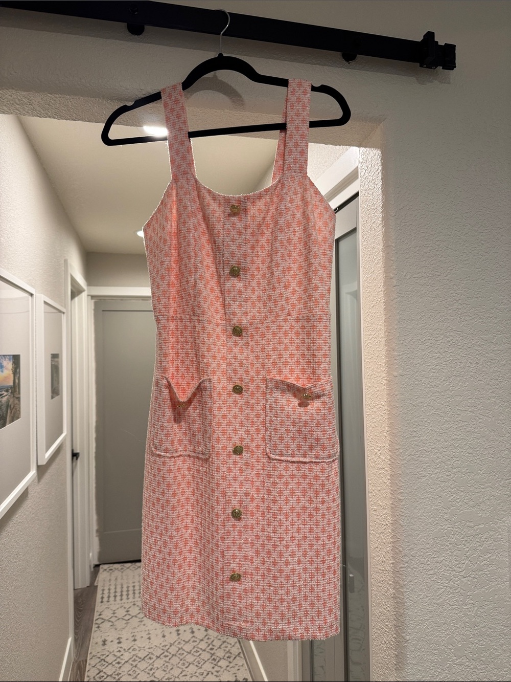 Rachel Zoe Pink Tweed Midi Dress with Gold Buttons